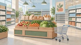 Иллюстрация продуктового магазина: стеллажи, овощи и фрукты в деревянных ящиках, хлеб, бумажные пакеты и тележка для покупок.