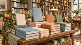 Иллюстрация книжного магазина: стопки книг на деревянном столе, высокие книжные стеллажи, лестница и растения.