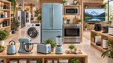 Иллюстрация для магазинов бытовой техники и электроники Грузии: голубой холодильник, стиральная машина, духовка, телевизор, чайник, миксер, тостер и блендер среди деревянных полок и растений.
