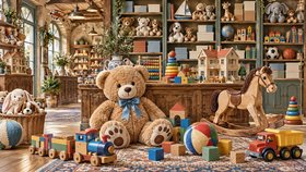 Иллюстрация магазина игрушек: плюшевый медведь, лошадка-качалка, кукольный дом, кубики и игрушечный поезд.