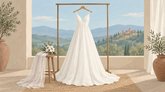 Иллюстрация свадебного салона: белое платье на вешалке и небольшой букет у окна с видом на холмы.