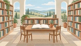 Иллюстрация библиотеки: раскрытая книга на деревянном столе, два стула и книжные стеллажи.