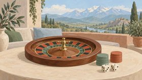 Иллюстрация: колесо рулетки, стопки игровых фишек и две игральные кости на столе.