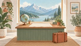 Иллюстрация офиса туристической компании: стойка с картой и глобусом, чемодан и большой вид на горное озеро.