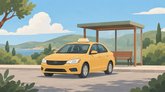 Иллюстрация: жёлтый автомобиль такси у остановочного павильона на фоне зелёных холмов и воды.