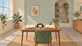 Иллюстрация рабочего стола с раскрытыми книгами, наушниками и письменными принадлежностями. В светлом кабинете стоят книжные полки и комнатные растения.
