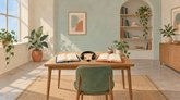 Иллюстрация рабочего стола с раскрытыми книгами, наушниками и письменными принадлежностями. В светлом кабинете стоят книжные полки и комнатные растения.
