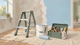 Иллюстрация отделочных работ: стремянка, ведро краски, валик и ящик с инструментами у частично окрашенной стены.
