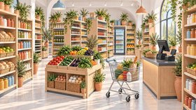 Иллюстрация для продуктовых магазинов и супермаркетов Грузии: овощи и фрукты на деревянном прилавке, полки с продуктами, холодильники, тележка с покупками и касса в светлом торговом зале.