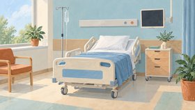 Иллюстрация больничной палаты: медицинская кровать с голубым бельём, монитор, стойка для капельницы и прикроватная тумба.