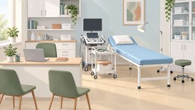 Иллюстрация медицинского кабинета: кушетка, аппарат УЗИ, стол с ноутбуком, стулья и шкафы с медицинскими принадлежностями.