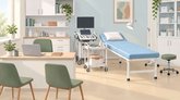 Иллюстрация медицинского кабинета: кушетка, аппарат УЗИ, стол с ноутбуком, стулья и шкафы с медицинскими принадлежностями.