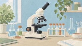 Иллюстрация: микроскоп, пробирки в штативе, колбы и чашка Петри на лабораторном столе.