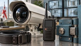 Камера видеонаблюдения, портативная рация, металлический замок и пояс на столе. Позади мониторы с изображениями пустых коридоров, у окна флаг Грузии. Иллюстрация для категории охранных фирм.