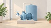 Иллюстрация: водяной насос, трубы и голубой накопительный резервуар.