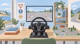 Иллюстрация учебного места: руль с педалями, монитор с дорожными конусами и макет перекрёстка.