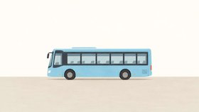 Условная минималистичная иллюстрация голубого автобуса в боковой проекции. Не фотография конкретного автобуса или маршрута.