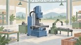 Иллюстрация промышленного цеха: фрезерный станок, рабочий стол с инструментами и роботизированная рука у конвейера.