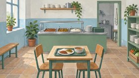 Иллюстрация кафе-столовой: витрина с горячими блюдами, стопки тарелок и поднос с обедом на небольшом столе.