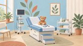 Иллюстрация детского медицинского кабинета: кушетка с плюшевым медведем и стетоскопом, ступенька, монитор и тележка с принадлежностями.