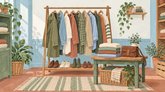 Иллюстрация магазина одежды: вещи на деревянной стойке, сложенные свитеры, обувь и корзина в светлом зале.