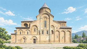 Иллюстрация каменного храма с высоким куполом на фоне гор и голубого неба.