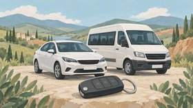 Иллюстрация проката автомобилей: белые легковой автомобиль и микроавтобус, ключ на переднем плане и горный пейзаж.