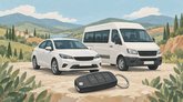 Иллюстрация проката автомобилей: белые легковой автомобиль и микроавтобус, ключ на переднем плане и горный пейзаж.