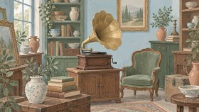 Иллюстрация антикварного магазина: граммофон, старинное кресло, книги, картины и керамическая посуда.
