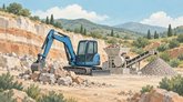 Иллюстрация карьера: синий экскаватор рядом с камнедробильной установкой и конвейером.