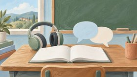 Иллюстрация учебного класса: раскрытая книга и наушники на парте, речевые облачка и доска на заднем плане.