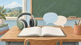 Иллюстрация учебного класса: раскрытая книга и наушники на парте, речевые облачка и доска на заднем плане.