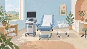 Иллюстрация медицинского кабинета: смотровое кресло, аппарат УЗИ и колыбель для новорождённого.