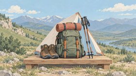 Иллюстрация: туристический рюкзак с ковриком, походные ботинки и треккинговые палки перед палаткой на фоне гор.