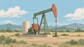 Иллюстрация: нефтяная станок-качалка и резервуар на фоне холмов.