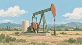 Иллюстрация: нефтяная станок-качалка и резервуар на фоне холмов.