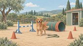Иллюстрация площадки для дрессировки: собака, барьер, тоннель, конусы и поводок на фоне зелёных холмов.