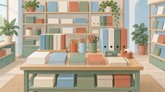 Иллюстрация магазина канцтоваров: тетради, бумага, папки, карандаши, ножницы и скотч на столе и полках.