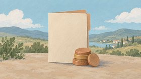 Иллюстрация: папка для документов и стопка монет на фоне горного пейзажа.