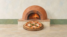 ილუსტრაცია: პიცა ხის დაფაზე, ტერაკოტისფერი შეშის ღუმლის წინ.