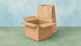 Иллюстрация: открытая картонная коробка и бумажный пакет.