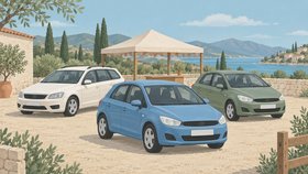 Иллюстрация автомобильного рынка: три легковых автомобиля на открытой площадке рядом с шатром.