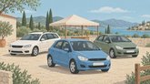 Иллюстрация автомобильного рынка: три легковых автомобиля на открытой площадке рядом с шатром.