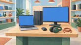 Иллюстрация компьютерной техники: ноутбук, монитор, системный блок, мышь, наушники и кабель на столе.