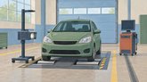 Иллюстрация технического осмотра автомобиля: автомобиль на диагностической платформе, прибор проверки фар и стойка с экраном.