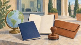 Иллюстрация стола с глобусом, паспортом, раскрытой книгой, кожаной папкой и печатью. За столом виден светлый внутренний двор с колоннами.