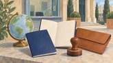 Иллюстрация стола с глобусом, паспортом, раскрытой книгой, кожаной папкой и печатью. За столом виден светлый внутренний двор с колоннами.