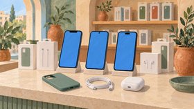 Иллюстрация магазина мобильной техники: смартфоны, чехол, зарядный кабель и беспроводные наушники на витрине.