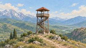 Иллюстрация смотровой башни: деревянная площадка с лестницей и крышей на холме на фоне горной долины и снежных вершин.
