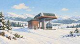 Иллюстрация горнолыжного курорта: станция канатной дороги с закрытой кабиной, лыжи у деревянного домика, заснеженные склоны, ели и горы.